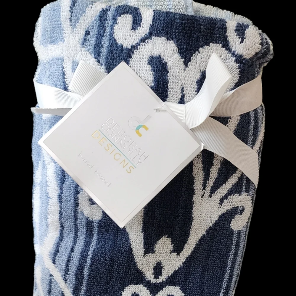 Deborah Connelly Abstract Scroll 2 Hand Towels Blue White 100% Cotton